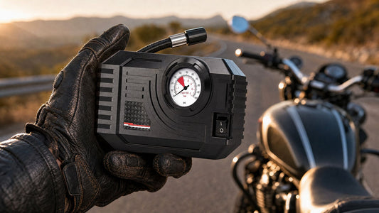 Gonfleur électrique portable RONYX en train de regonfler un pneu de moto, lumière dorée