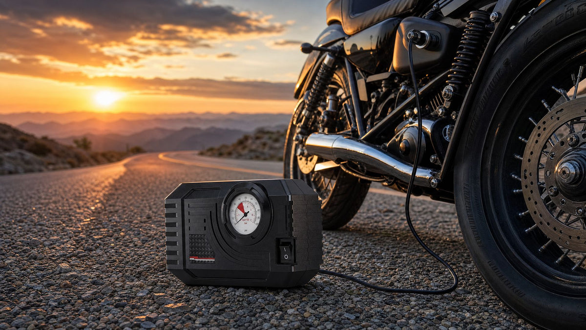 Main gantée tenant le gonfleur de pneu portable RONYX, route moto en arrière-plan