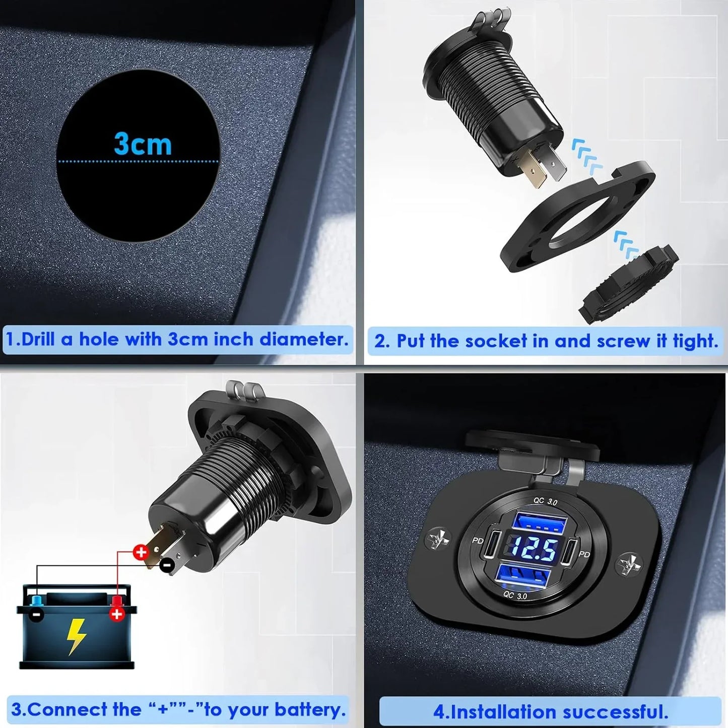 Chargeur Voiture USB 96W Voltmètre