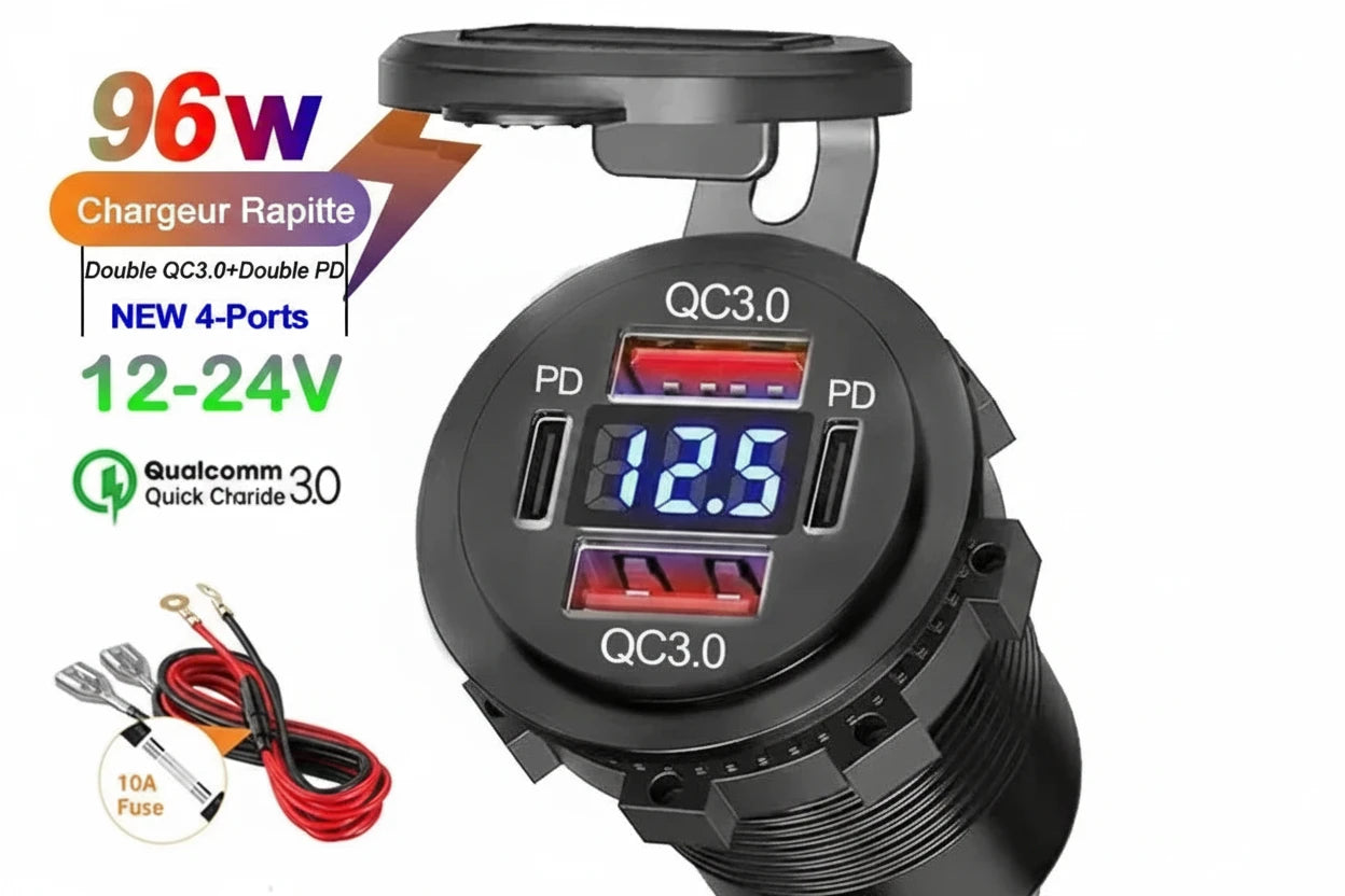 Chargeur Voiture USB 96W Voltmètre