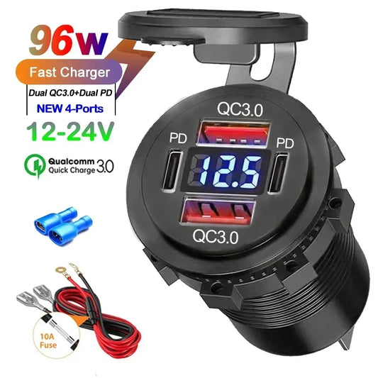 96W USB Car Charger with Voltmeter — 4 Ports