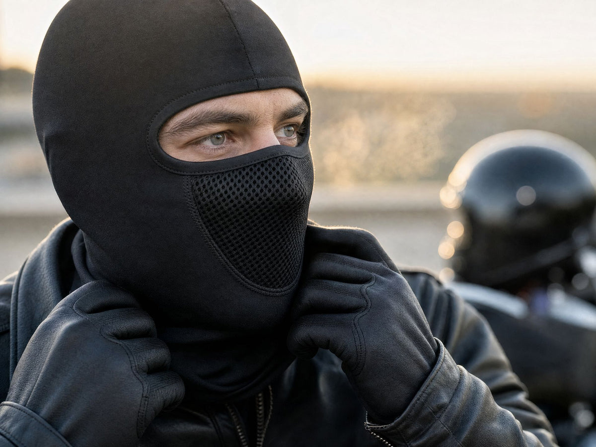 Motard enfilant la cagoule coupe-vent RONYX avant de mettre son casque, lumière du matin