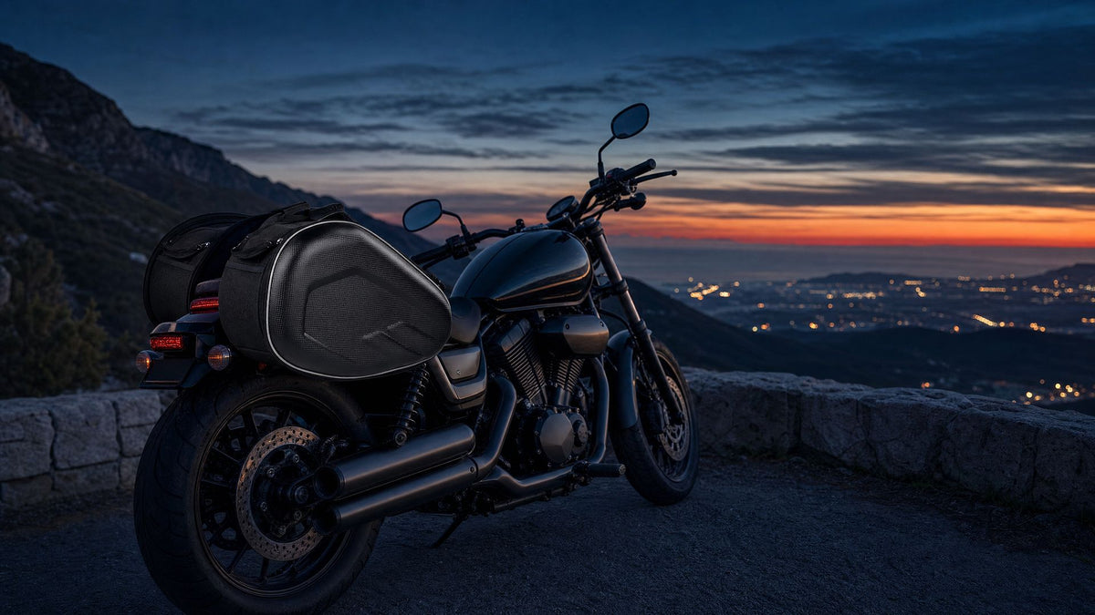 Moto équipée des sacoches de selle RONYX garée sur un point de vue au crépuscule