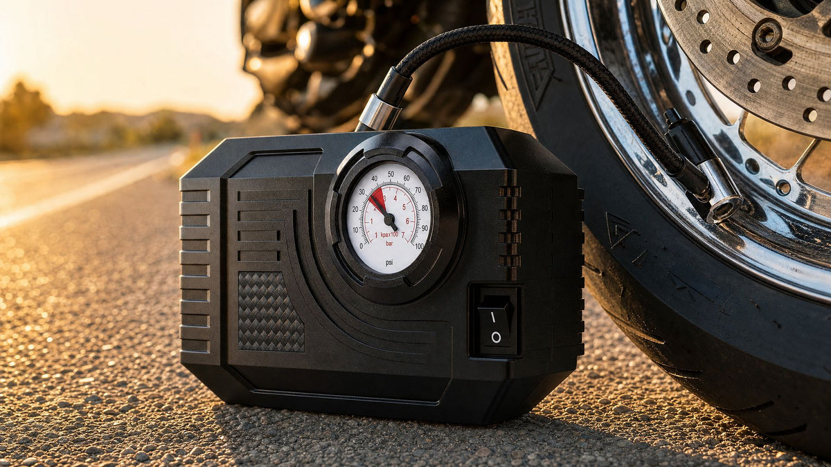 Gonfleur de pneu RONYX posé au sol, branché sur une moto garée au bord de la route, crépuscule