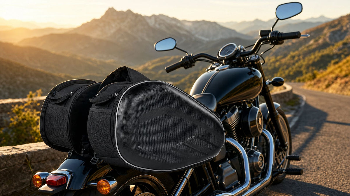 Sacoches de selle moto RONYX montées sur une moto, route de montagne au coucher du soleil