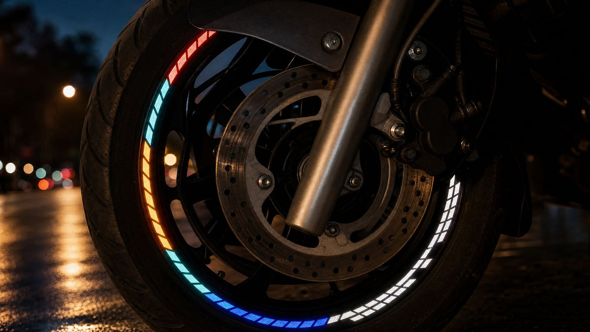 Jante moto de nuit, stickers réfléchissants RONYX qui brillent sous les phares