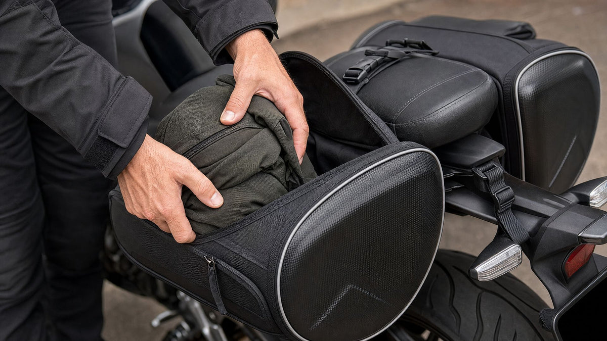 Motard rangeant une veste dans les sacoches de selle RONYX montées sur la moto