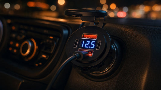 Chargeur voiture USB RONYX branché sur l'allume-cigare, téléphone en charge, voltmètre allumé