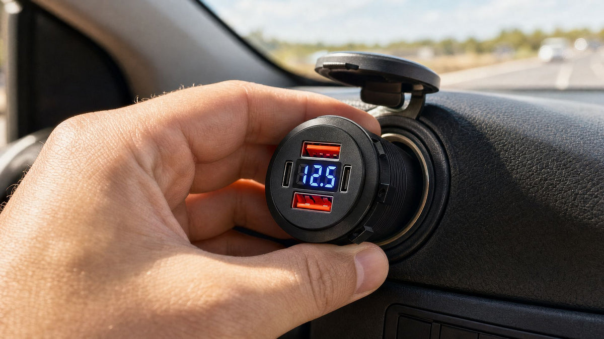 Main branchant le chargeur voiture USB RONYX, road trip en journée