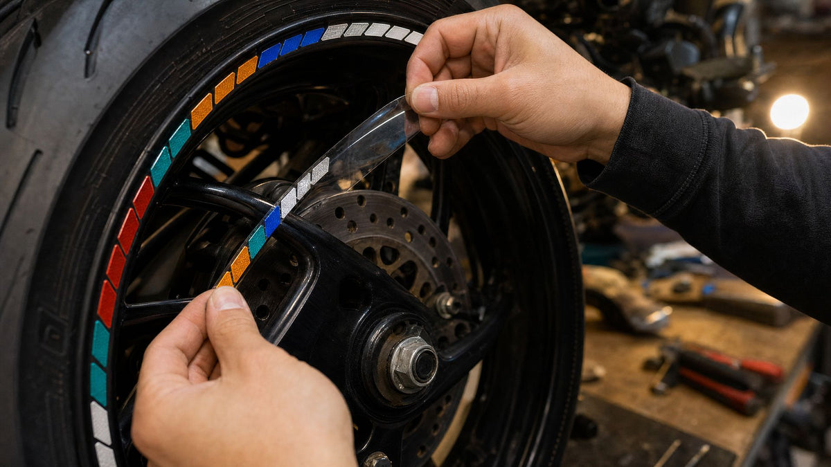 Application d'un sticker réfléchissant RONYX sur la jante, en atelier