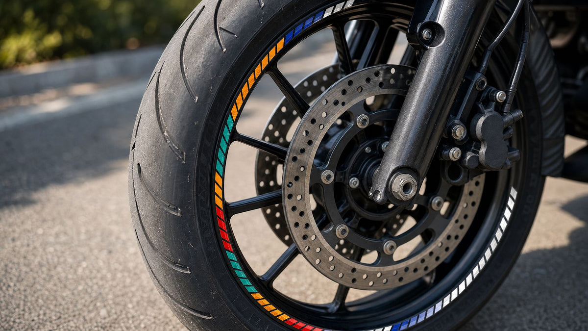 Jante moto avec les stickers réfléchissants RONYX posés, en plein jour